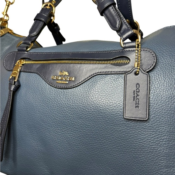 Coach Pebbled Leather & Suede Zip Top Tote Blue/Gold Hardware Crossbody Strap - Picture 4 of 11